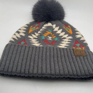 C.C Beanie Hat Gray Aztec Geometric Knit Pom Pom Winter Warm Women's Cap